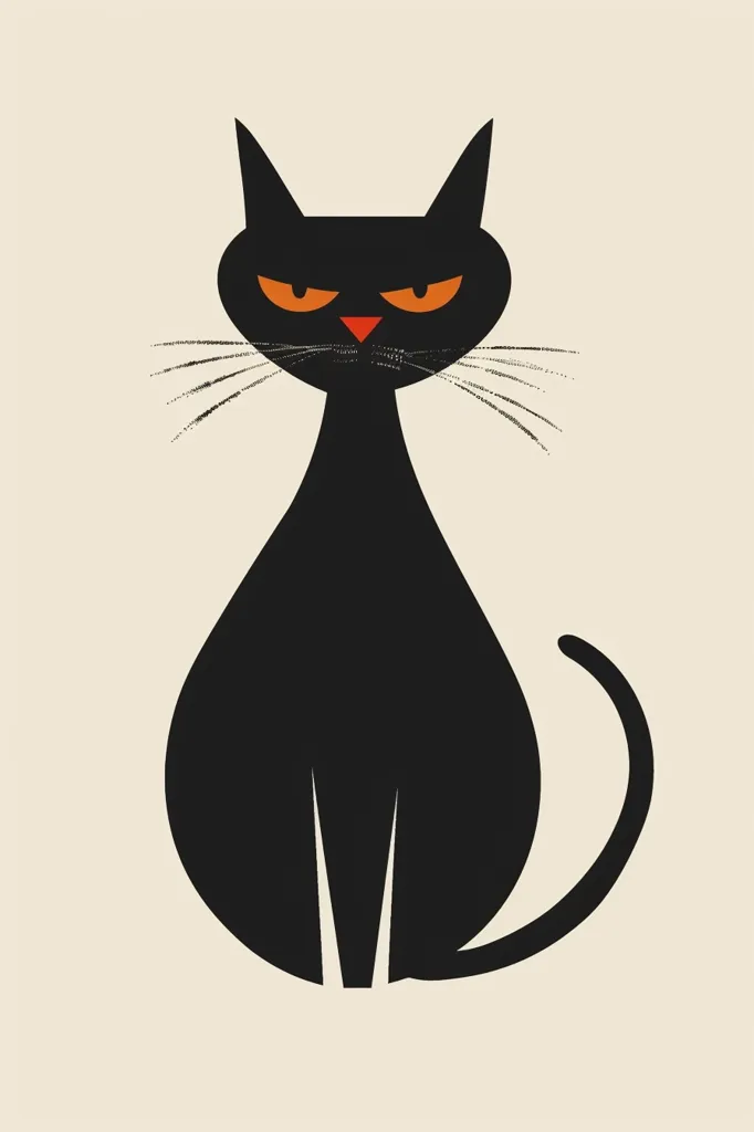 The image is a drawing of a black cat. The cat is sitting and has its tail curled around its feet. The cat's eyes are yellow and its nose is pink. The cat is looking at the viewer with a curious expression.