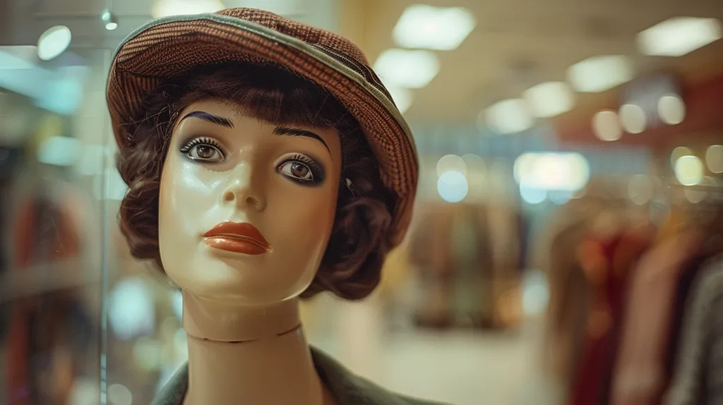 The image shows a mannequin with a vintage look. It is wearing a brown hat and has short brown hair. The mannequin is looking to the right of the frame. The background is blurred, but it looks like there are clothes and racks in the store.