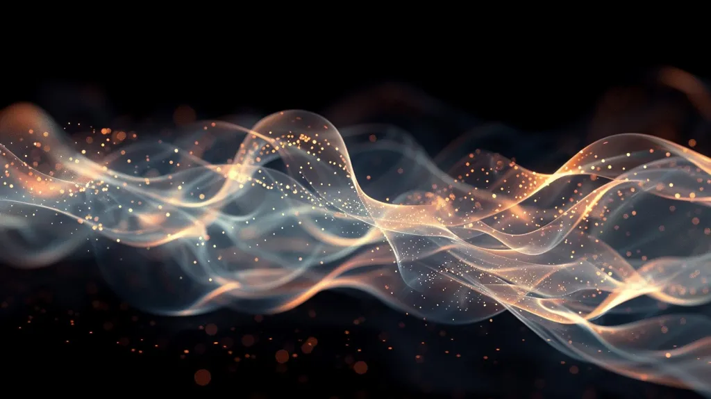 The image is a dark, abstract background with a glowing, white wave of energy flowing through it. The wave is made up of tiny, sparkling particles that give it a ethereal look. The wave appears to be moving towards the viewer and it seems to be carrying a sense of power and energy with it. The image is both beautiful and thought-provoking, and it could be interpreted in many different ways.