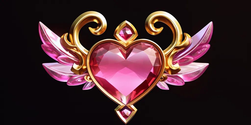 The image is a heart-shaped locket. The locket is made of gold and has a pink heart-shaped gem in the center. The locket is decorated with gold filigree and has two small wings on either side. The locket is on a black background.