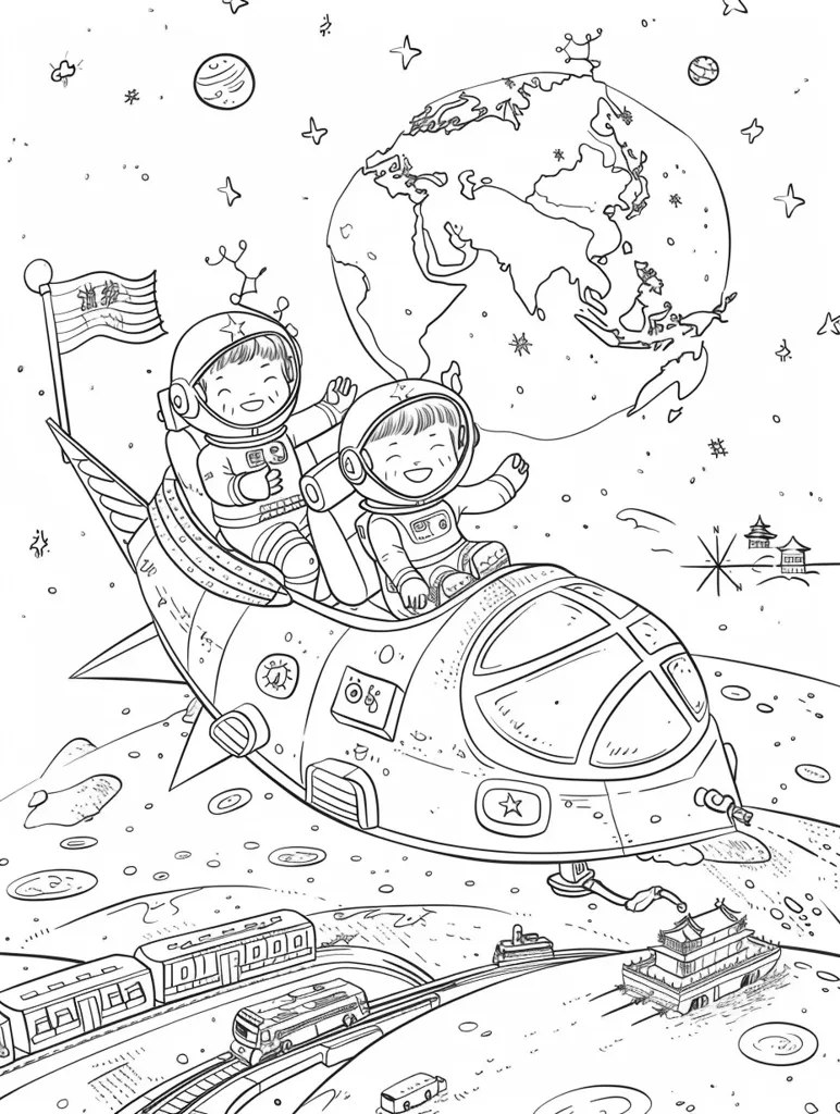 The picture shows two astronauts in a rocket. They are wearing spacesuits and are waving. The rocket is flying in space. The Earth is in the background. There are stars and planets in the sky. There is a Chinese flag on the rocket. There is a train on the ground. There are buildings and trees on the ground.