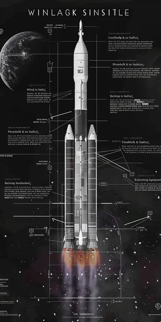 The image is a blueprint of a rocket. It is labeled with the different parts of the rocket, such as the payload, the boosters, and the engines. The rocket is also shown in different stages of flight, from launch to orbit. The image is very detailed and provides a good overview of the different components of a rocket.