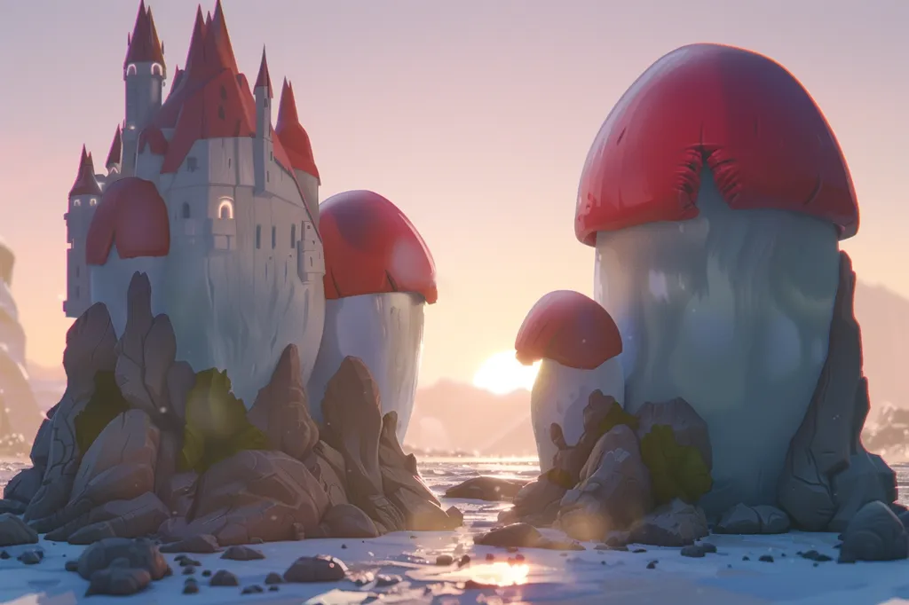 The image is a surreal landscape with a castle in the middle. The castle is made of white stone and has red mushrooms for roofs. There are also large red mushrooms on either side of the castle. The sky is a gradient of orange and pink, and the ground is covered in snow.