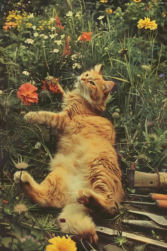 A ginger cat is lying on its back in a garden. The cat's eyes are closed, and it has a contented expression on its face. The cat is surrounded by flowers and tall grass. There are gardening tools lying on the ground near the cat. The cat is enjoying the warm sun and the fresh air.