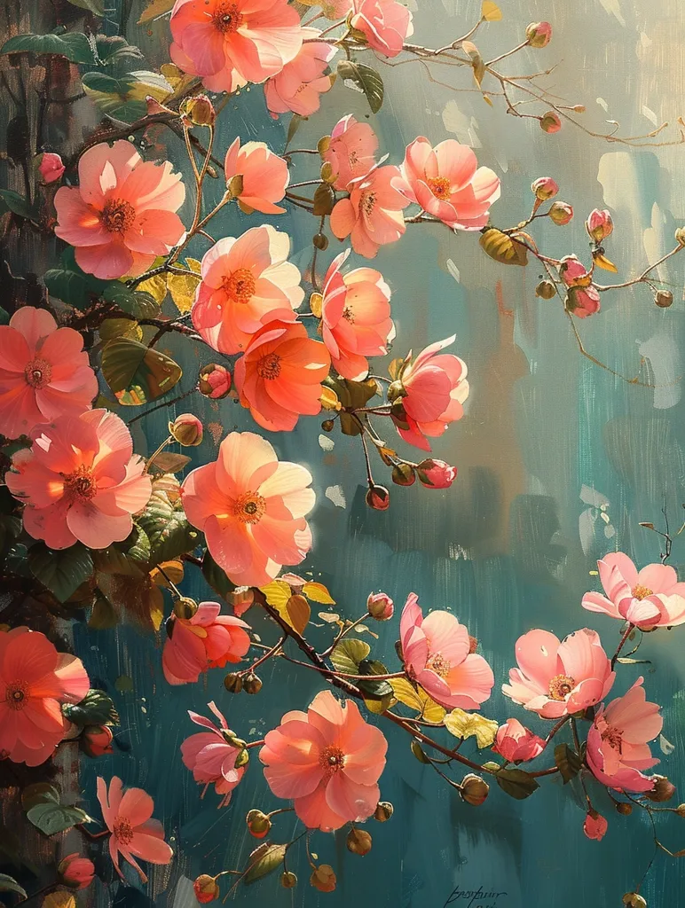 The painting is of pink flowers. The flowers are of different shades of pink, from light pink to dark pink. The flowers are arranged in a cluster, with some flowers overlapping each other. The background is a light blue, which creates a contrast with the pink flowers. The painting has a soft, romantic feel to it.
