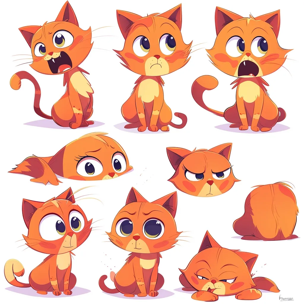 This is an image of a cartoon cat. The cat is orange with big eyes and a pink nose. It is sitting in different poses. In the first pose, the cat is sitting up and looking at the viewer with its mouth open. In the second pose, the cat is sitting up and looking at the viewer with its mouth closed. In the third pose, the cat is sitting up and looking at the viewer with its mouth open and its eyes wide. In the fourth pose, the cat is lying down and looking at the viewer with its mouth closed. In the fifth pose, the cat is sitting up and looking at the viewer with its mouth closed and its eyes narrowed. In the sixth pose, the cat is sitting up and looking at the viewer with its mouth open and its eyes wide. In the seventh pose, the cat is lying down and looking at the viewer with its mouth open. In the eighth pose, the cat is sitting up and looking at the viewer with its mouth closed and its eyes wide. In the ninth pose, the cat is sitting up and looking at the viewer with its mouth open and its eyes wide.