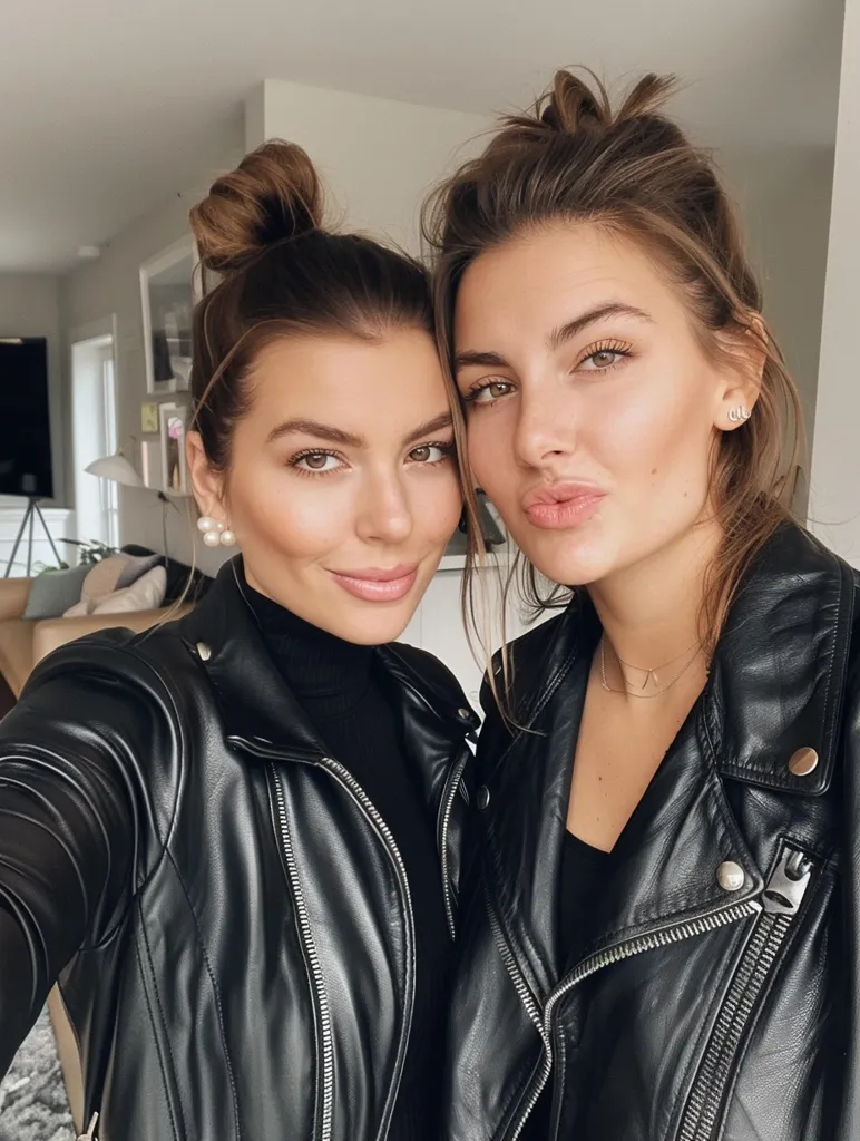 This is a picture of two young women. They are both wearing black leather jackets and have their hair in buns. They are standing close to each other and smiling at the camera. The background is blurry, but it looks like they are in a house.