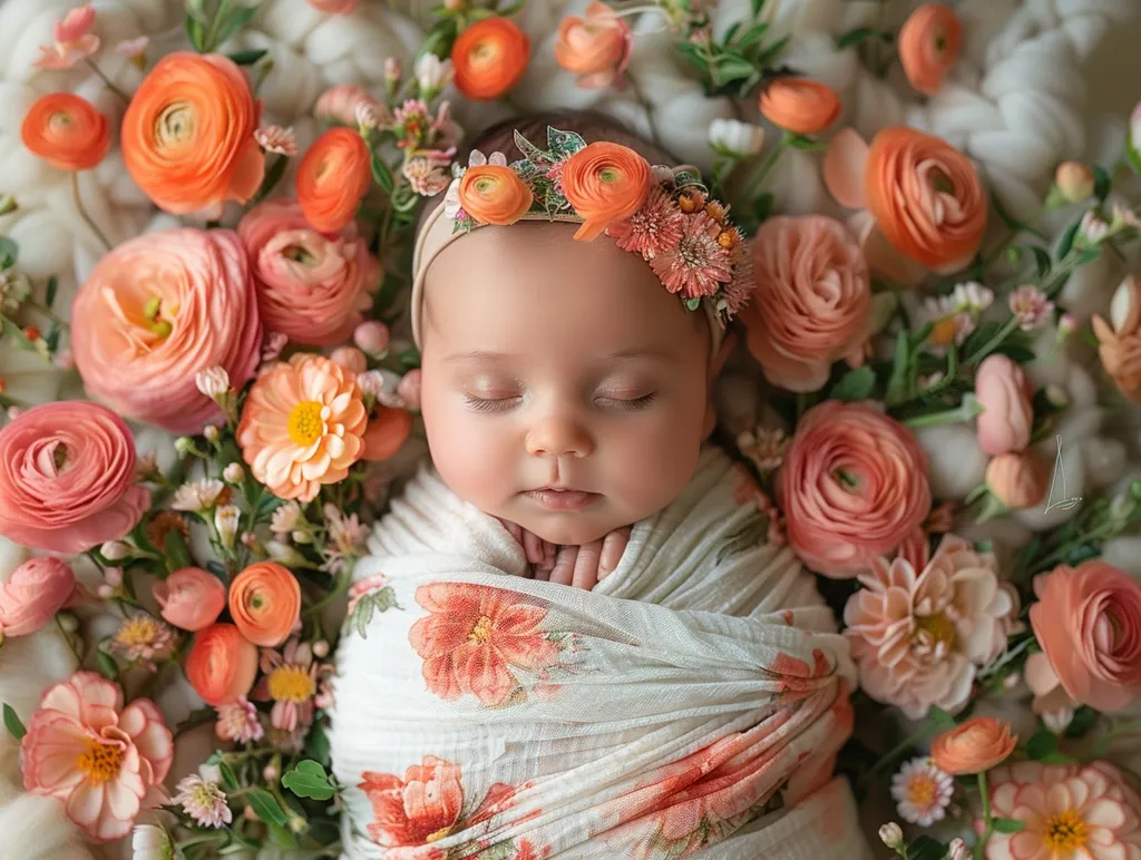 The image is a newborn baby girl sleeping on a bed of orange and pink flowers. She is wearing a floral headband and a floral wrap. The baby is surrounded by different types of flowers, including roses, tulips, and lilies. The image is very soft and delicate, and it captures the beauty of the newborn baby.