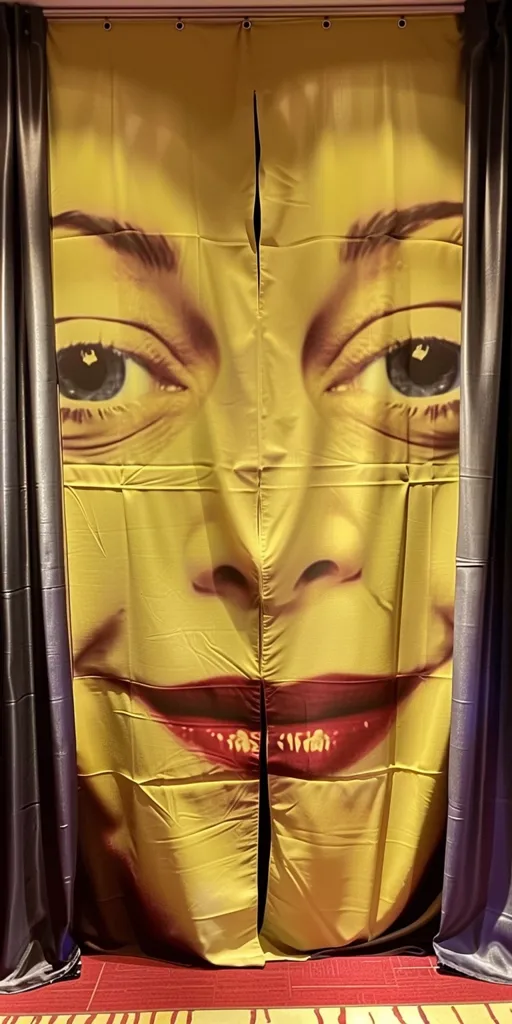 The image shows a pair of yellow curtains that are pulled back to reveal a woman's face. The woman has brown eyes, dark eyebrows, and red lips. She is smiling. The curtains are printed with a photo of the woman's face.