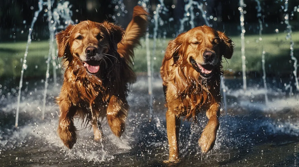 Two golden retrievers are running and playing in a fountain. They are both wet and happy, and they seem to be having a great time. The background of the image is blurred, and it looks like the dogs are in a park.