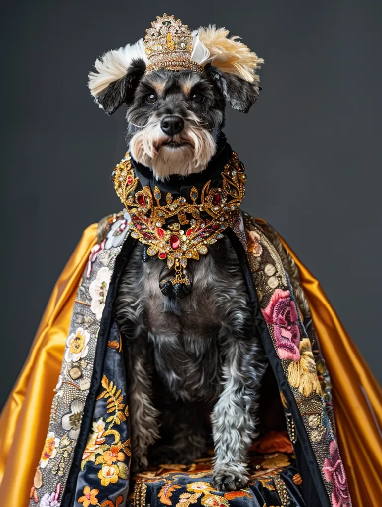 The image shows a dog wearing a crown and a cape. The dog is sitting on a chair and looking at the camera. The background is dark grey. The dog is a schnauzer and it is wearing a gold and red cape. The cape is lined with white fur. The dog is also wearing a gold crown. The crown is decorated with red and green jewels.