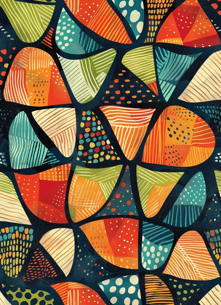 The image is a colorful and abstract pattern. It is made up of many different shapes, including triangles, circles, and squares. The colors are bright and saturated, and the shapes are arranged in a random and overlapping way. The overall effect is one of movement and energy. The image is reminiscent of African tribal art, with its bold colors and geometric shapes. It is also reminiscent of the work of modern artists such as Piet Mondrian and Wassily Kandinsky, who used abstraction to explore the nature of art and perception.