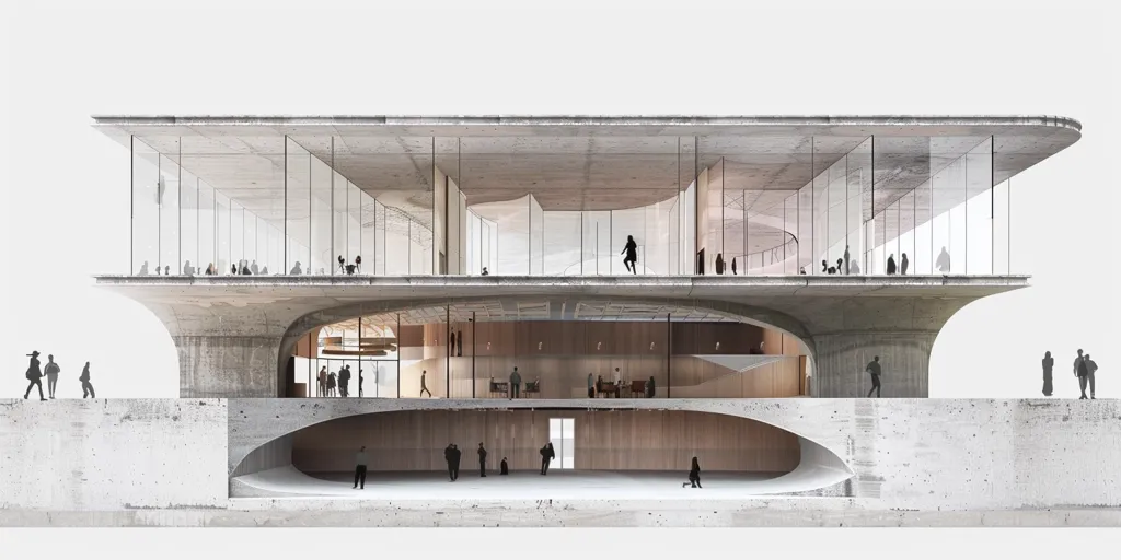 The image shows a cross-section of a modern building. It has a curved concrete roof that is supported by concrete columns. There are two levels inside the building. On the lower level, there is a lobby and on the upper level, there is a meeting room. There are also people walking around inside the building.