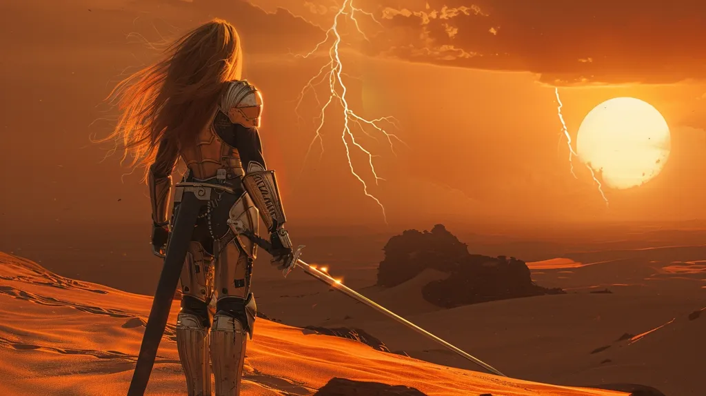 In the middle of a desert, a female warrior stands, her back to the viewer. She is wearing a white and gold armor and has a sword in her hand. The sun is setting behind her, casting a golden glow over the scene. The sky is orange and the clouds are dark. There is a storm coming.