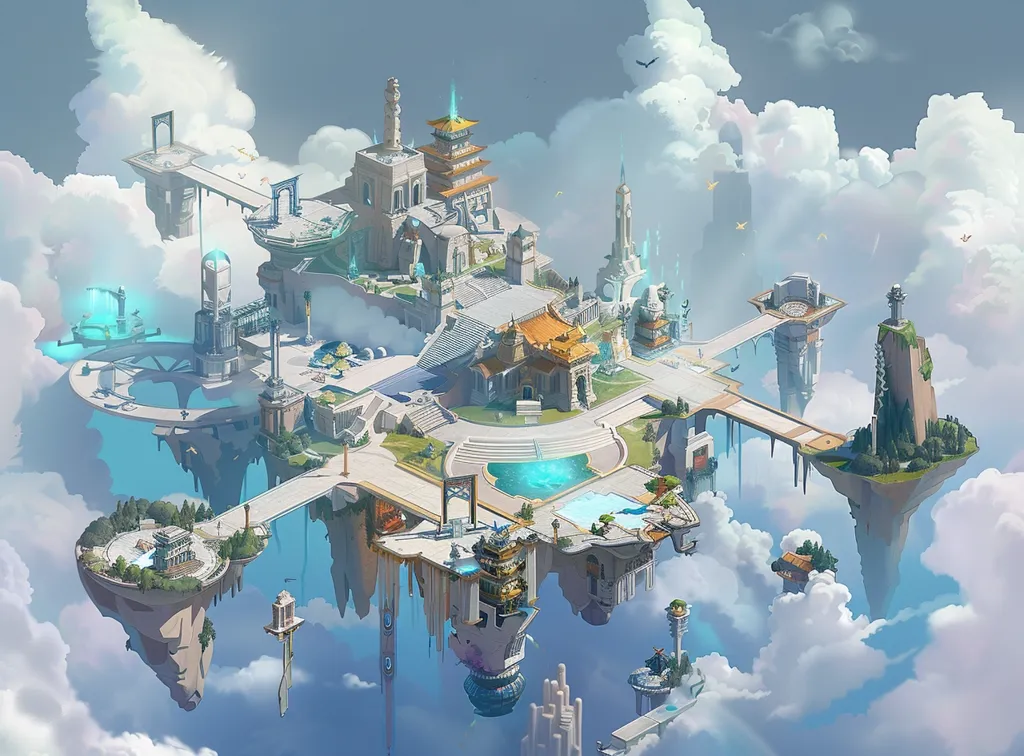 The image is of a floating city in the sky. The city is made up of a number of different buildings, including temples, towers, and houses. The buildings are all connected by bridges and walkways. There are also a number of trees and plants on the island. The city is surrounded by clouds and there are mountains in the background.