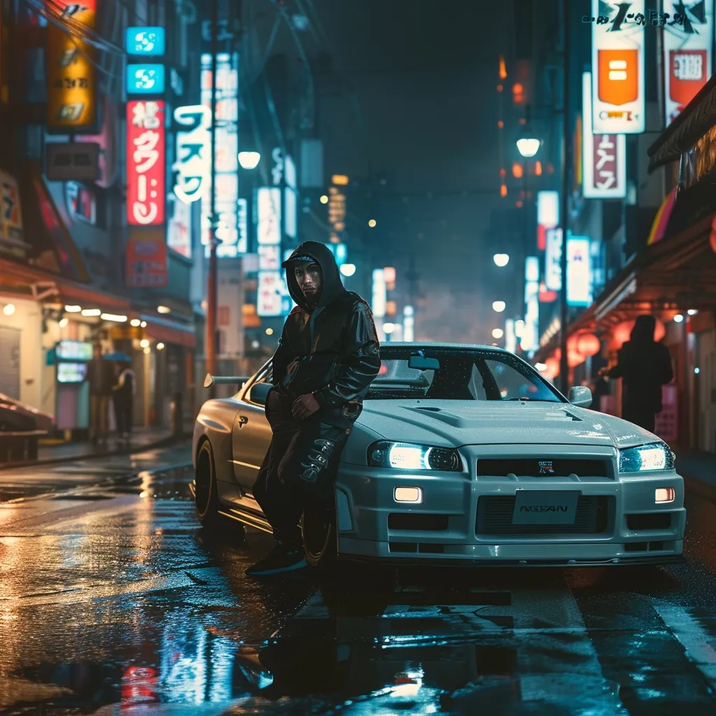 A young man is standing in the rain next to his white Nissan Skyline R34 GT-R. He is wearing a black hoodie and jeans. The car is parked on a wet street in a city at night. The city lights are reflected in the water on the ground.