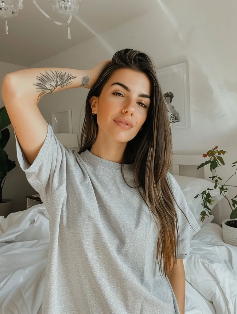 The photo shows a young woman standing in a bedroom. She is wearing a gray t-shirt and has her hand on her head. She has a tattoo on her arm and a nose ring. There are plants and a picture frame in the background. The woman has long brown hair and light makeup on. She is looking at the camera and smiling.