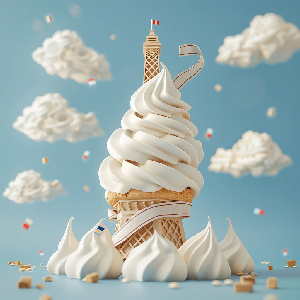 The image shows a soft serve ice cream cone made to look like the Eiffel Tower. The ice cream is vanilla and topped with a red, white, and blue ribbon. The cone is made of a sugar cookie. There are clouds and meringue cookies around the Eiffel Tower. The background is a light blue color.