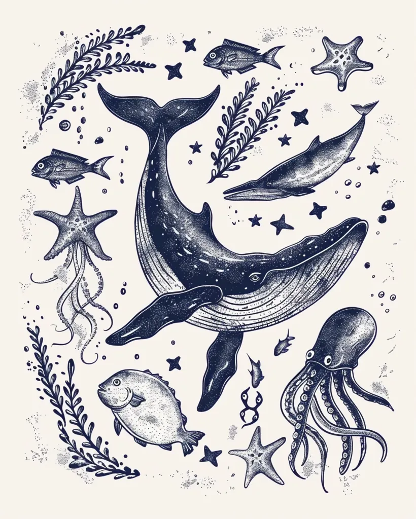 The image is a hand-drawn illustration of various sea creatures. It features a large whale in the center, surrounded by a school of fish, an octopus, a crab, and a starfish. The creatures are all drawn in a realistic style and are arranged in a circle. The background is a light blue color, and the creatures are all drawn in black ink. The image has a clean and simple design, and it is likely intended to be used as a decorative piece.