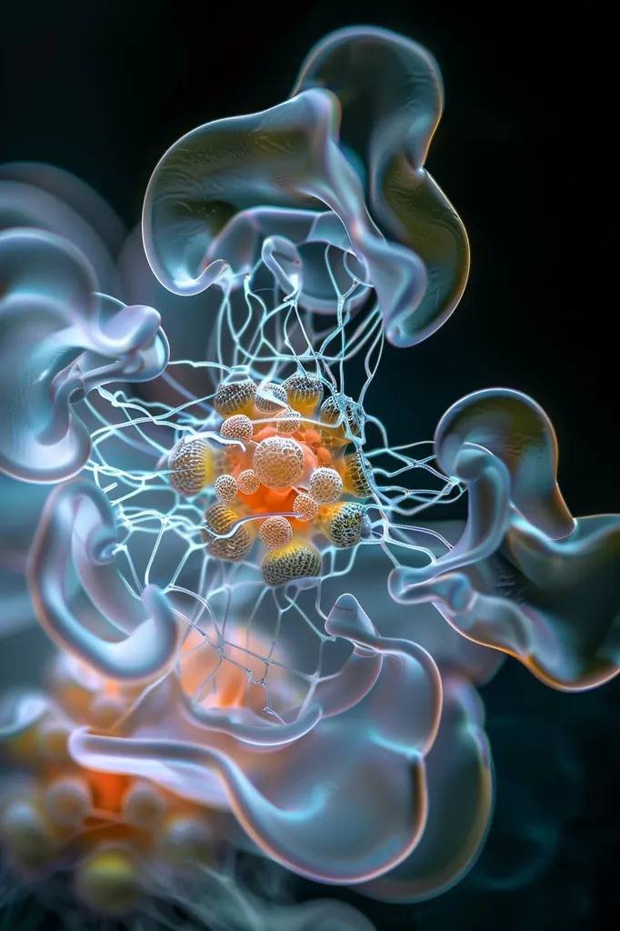 The image is a 3D rendering of a jellyfish-like creature. It has a bell-shaped body with long, trailing tentacles. The body is covered in small, bio-luminescent dots that glow in the dark. The creature is swimming through a dark blue sea.