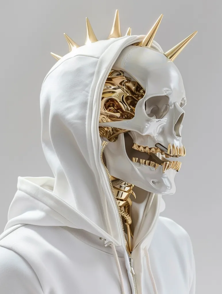 The image is a 3D rendering of a skull with a gold metallic texture and a white hood with gold spikes. The skull is facing the viewer and is wearing a white hoodie with the hood pulled up. The zipper is partially unzipped, revealing the gold metallic texture of the skull beneath. The image is set against a white background and has a surreal, almost post-apocalyptic feel to it.