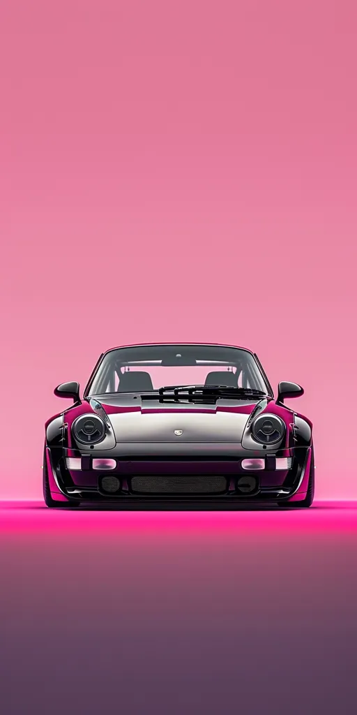 This is a pink background with a black Porsche in the center. The car is a 911 model and is facing the viewer. The car has its headlights on and is sitting on a pink surface. The car is also very low to the ground.