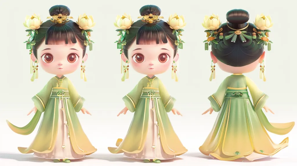 This is an image of a 3D model of a girl. She is wearing a green and yellow dress with a white underskirt. The dress has a floral pattern and is trimmed with pink ribbon. She is also wearing a green and yellow hairpiece with a pink flower in the center. The model is standing in a neutral pose with her arms at her sides. Her eyes are open and she has a slight smile on her face.