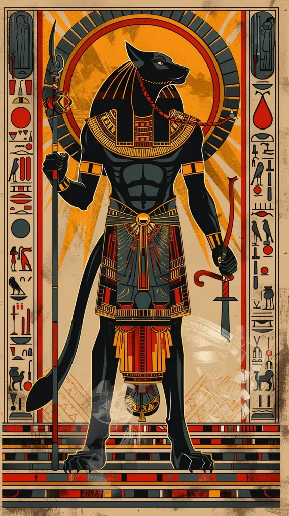 The image shows Anubis, the Egyptian god of death and the afterlife. He is depicted as a black jackal-headed man with a long tail and a crook and flail in his hands. He is standing in front of a doorway, with a sun disk and uraeus above him. The hieroglyphs on the left side of the image say "Anubis, Lord of the Dead" and the hieroglyphs on the right side say "Ruler of the Underworld".