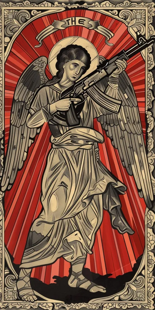 The image is of a female angel with a gun. She has long, flowing hair and is wearing a dress. The angel is holding the gun in her right hand and is pointing it at the viewer. The background is red and there is a halo around the angel's head. The image is likely a commentary on the violence that is often associated with religion.