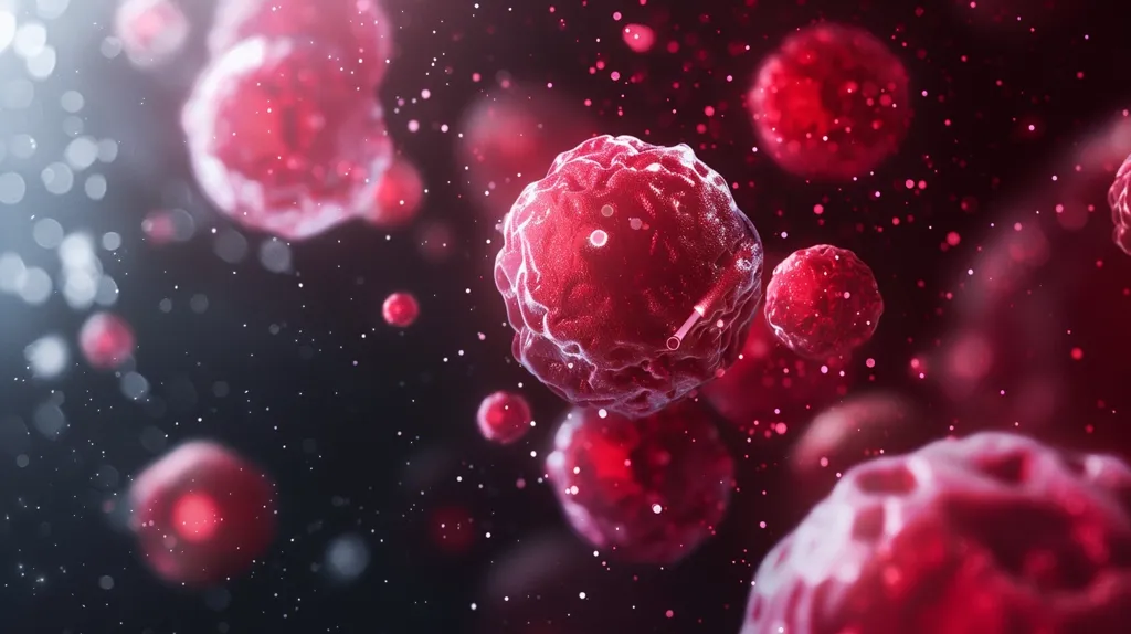 The image shows a group of red and pink cells. The cells are round and have a smooth surface. They are floating in a dark space. There are some white dots in the background. The image is likely depicting a group of cancer cells.
