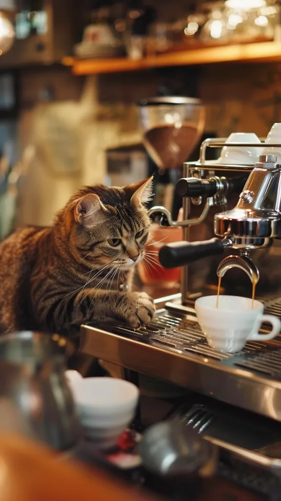 The image shows a cat sitting on top of an espresso machine. The cat is looking at the barista as if it is waiting for its coffee. The barista is in the background and is not visible in the image. The espresso machine is on a counter and there are some coffee cups on the counter. The cat is brown and white and has a very curious expression on its face. The image is taken from a low angle and the cat is in the center of the frame. The background is blurry and the cat is the main focus of the image.
