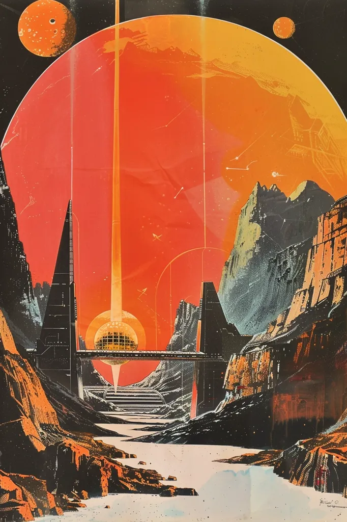 The image is a retro science fiction poster. The poster features a red planet with a large moon in the background. There is a spaceship in the foreground. The spaceship is flying towards a large city. The city is built on a river that flows through a valley. The valley is surrounded by mountains. The image is very colorful and has a lot of detail.