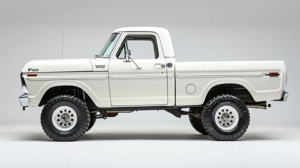 The image shows a white 1970s Ford F-100 pickup truck. It has a regular cab and a long bed. The truck is lifted and has large off-road tires. The paint is in good condition and the truck appears to be in good overall condition.