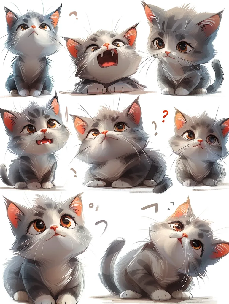 The image shows a collection of cute cartoon cats in different poses and with different expressions. The cats are all gray and white, with big eyes and fluffy fur. They are sitting, standing, and playing, and they are all doing different things. One cat is looking up at the sky, another is looking at a butterfly, and a third is playing with a ball of yarn. The cats are all very cute and expressive, and they are sure to make you smile.