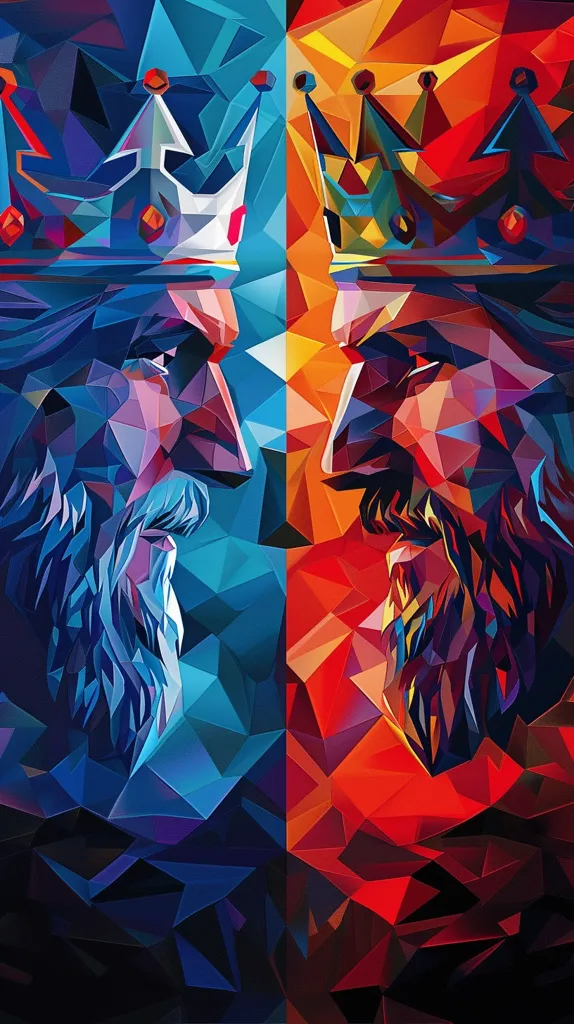 The image is of two lion-headed kings facing each other, each with a crown on their head. The one on the left is blue and the one on the right is red. The background is a dark blue and red. The image is very detailed and looks like it was created using a computer program.
