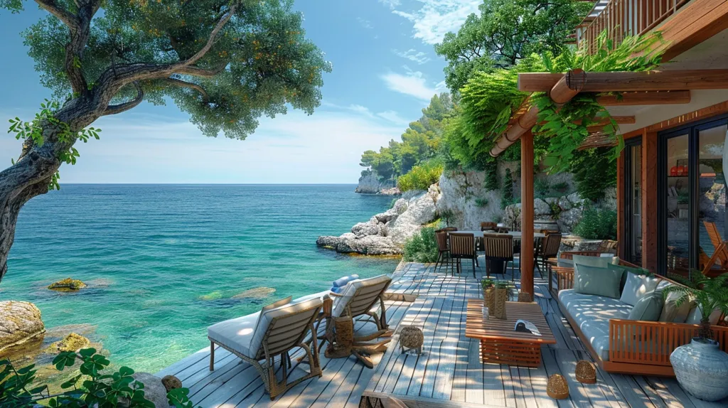 The image shows a beautiful outdoor area with a view of the sea. There is a large tree on the left side of the image, and a wooden deck with two lounge chairs on the right side. In the middle, there is a dining table with six chairs. The deck is surrounded by lush greenery, and the sea is a deep blue color. The sky is blue and there are some white clouds. The overall atmosphere is one of peace and tranquility.