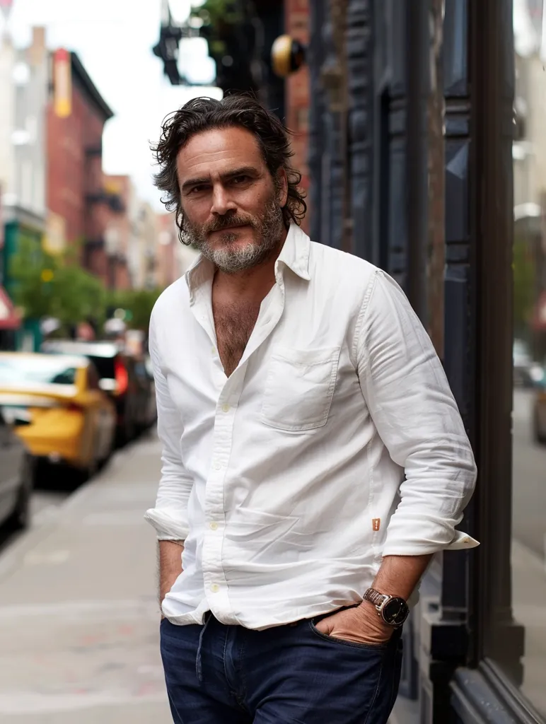 The image shows Joaquin Phoenix standing on a city street. He is wearing a white shirt and dark jeans. He has his hands in his pockets and is looking at the camera with a serious expression. The background is blurred, with cars parked on the street and a building to the right.