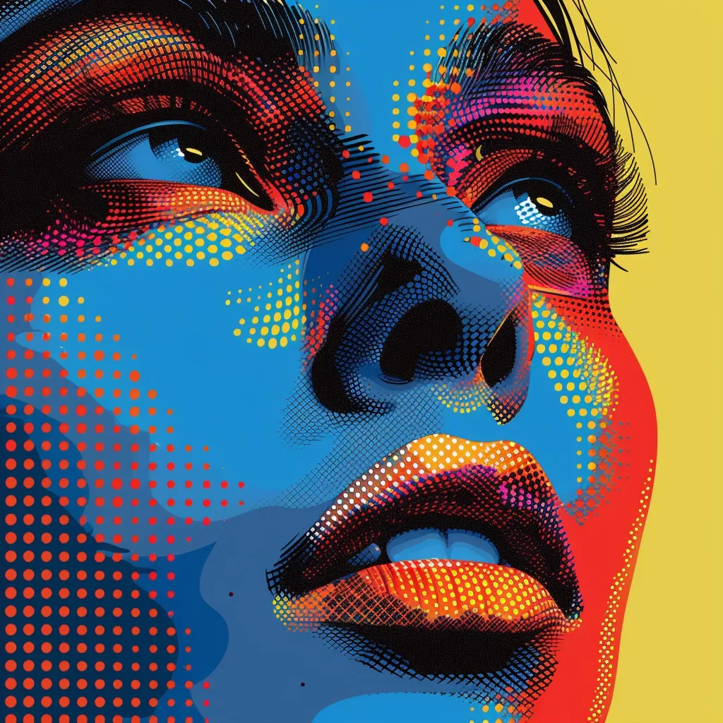 The image is a portrait of a woman. The woman's face is turned to the viewer and her eyes are open wide. She has a red lips. The background is yellow. The image is a pop art style.
