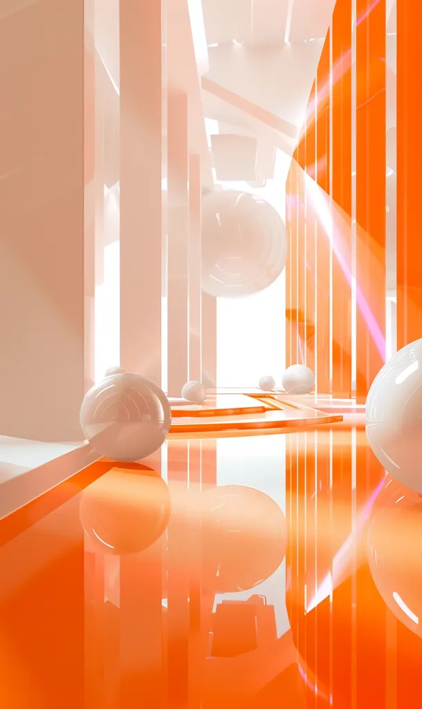 The image is a 3D rendering of a futuristic hallway. The hall is lit by bright orange lights, and the walls and floor are made of reflective white material. There are several large spheres scattered around the hall, and they are all reflecting the orange light. The image is very symmetrical, and it has a very clean and modern look.