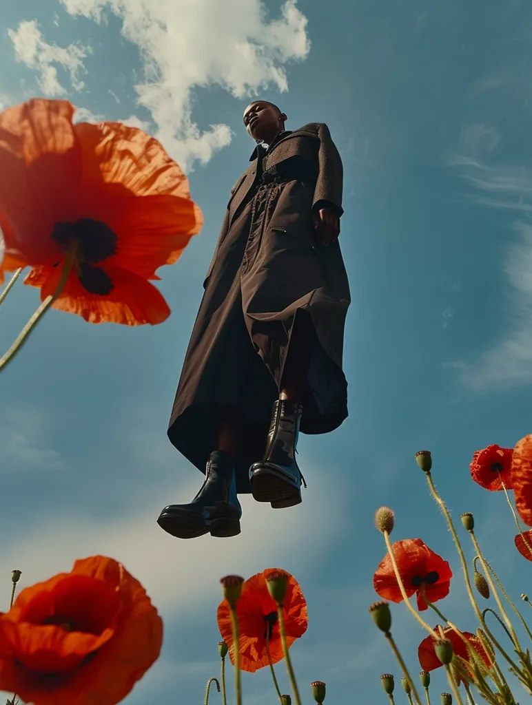 This image shows a person standing in a field of red flowers. The person is wearing a long black coat and black boots. They are looking up at the sky. The sky is blue and there are some clouds in the distance. The person is standing perfectly still and looks like they are floating in the air. The image is very surreal and beautiful.