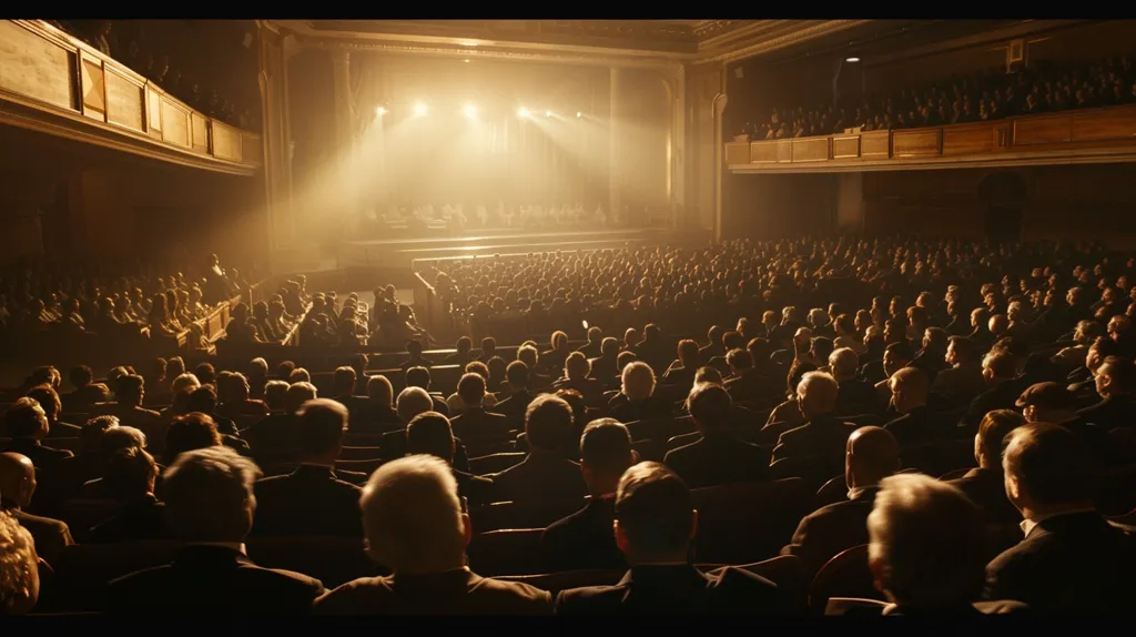 The image shows a crowded theater with a large stage. The audience is watching a performance. The stage is lit up by bright lights. The audience is in the dark. The people in the audience are all wearing formal clothes. The theater is old and has a classic look.