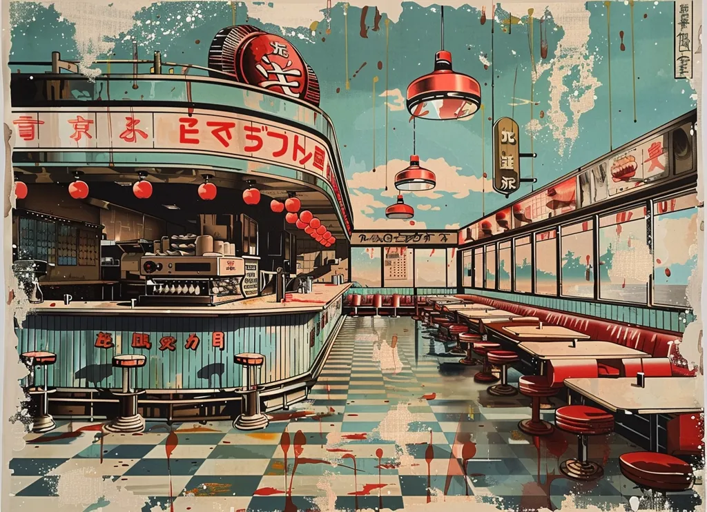 The image is a painting of a diner in a retro style. The diner is called "Tokyo Ever Green Mabels." The exterior of the diner is blue and white, and the interior is red and white. There are several tables and chairs in the diner, and there is a counter with stools. There are also several signs on the walls, including one that says "Exit."