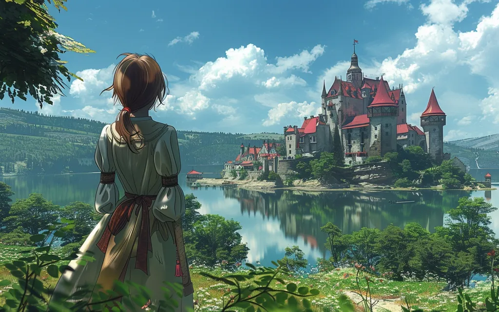 The image is of a girl standing on a cliff, looking at a castle across the water. The castle is large and imposing, with towers and turrets. The girl is wearing a simple dress and has her hair in a ponytail. The setting is idyllic, with green hills and a blue sky. The overall tone of the image is one of peace and tranquility.