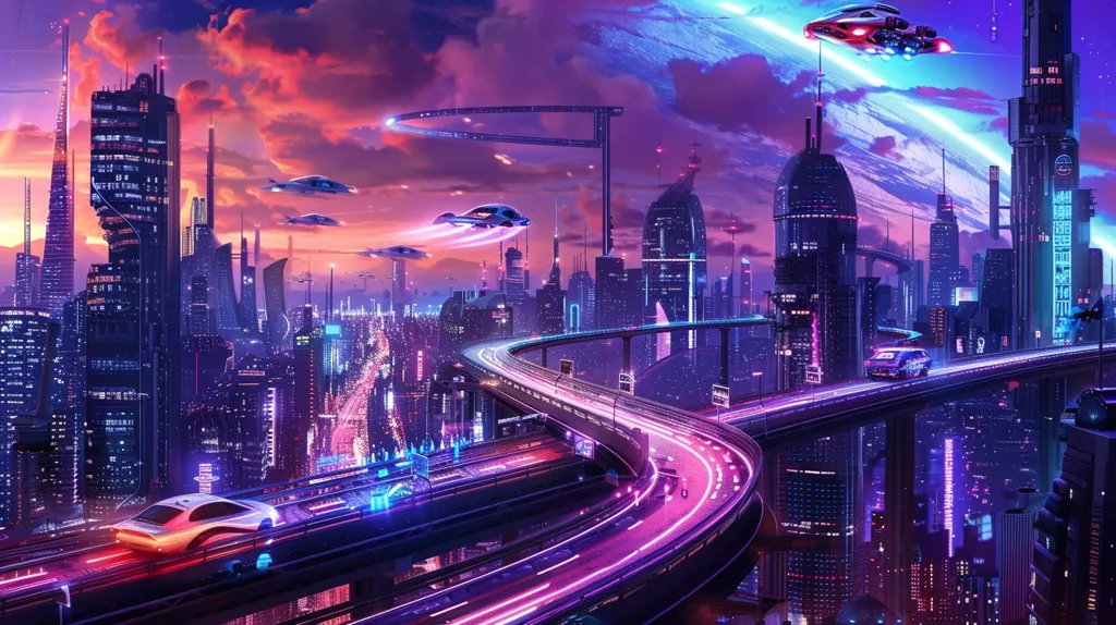 The image shows a futuristic city with flying cars and advanced buildings. The city is very colorful and looks very prosperous. There are many people walking around and it looks like a very busy city. The image is very detailed and you can see a lot of different things in it.