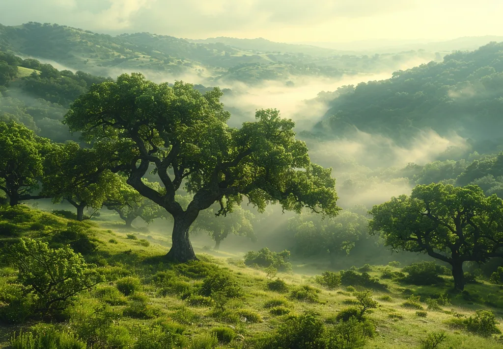 The image is a beautiful landscape of a valley with rolling hills. The hills are covered in green grass and trees. There is a large tree in the foreground of the image, and there are other trees in the background. The sky is blue and there are some clouds in the distance. The sun is shining brightly and there is a mist in the air. The image is very peaceful and serene.