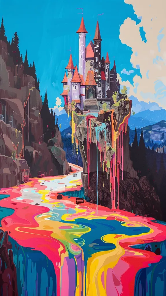 The image is a surreal painting of a castle on a cliff. The castle is surrounded by a colorful waterfall. The painting has a dreamlike quality, and it is unclear what is real and what is imagined. The colors are vibrant and saturated, and the brushstrokes are thick and expressive. The painting is full of movement and energy, and it seems to capture the artist's emotions on canvas.