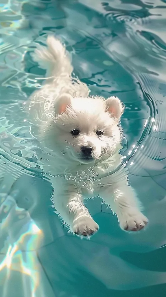 A cute white puppy is swimming in a blue pool. The puppy is very happy and looks like he is having a great time. He is moving his legs and tail to stay afloat. The water is clear and you can see the puppy's reflection on the surface. The puppy is surrounded by small waves.