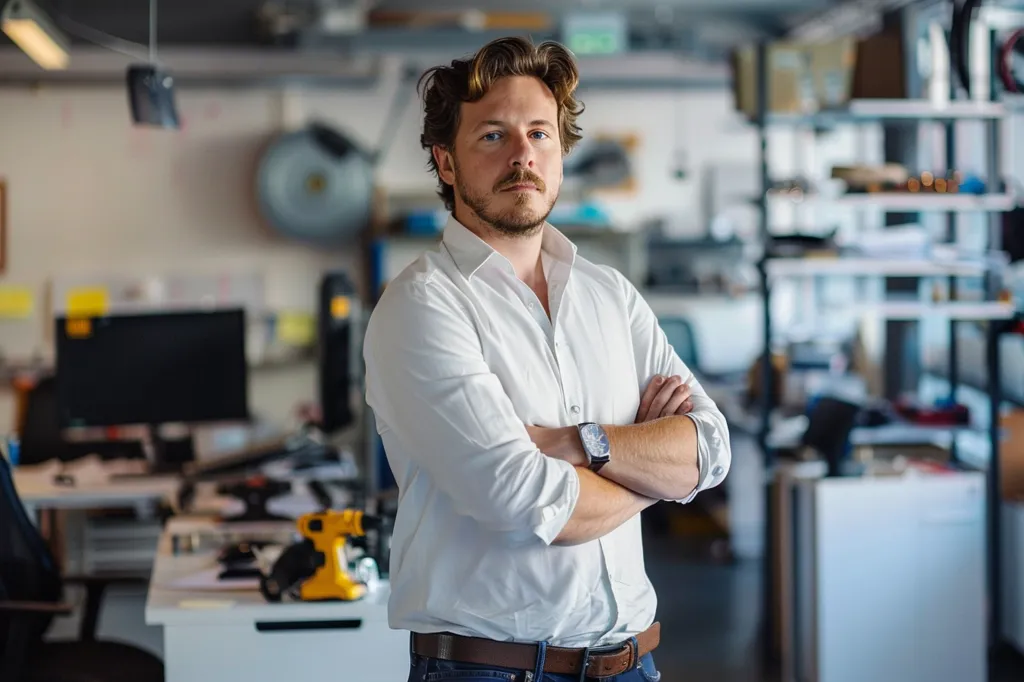 A man with brown hair and beard wearing a white shirt and blue jeans is standing in a room with his arms crossed. There are shelves and a desk in the background.