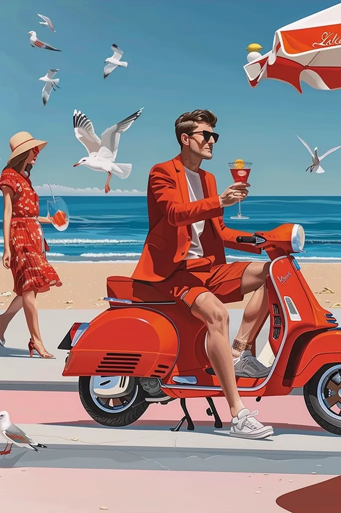 A man and a woman are riding a scooter along the beach. The man is wearing a red suit and sunglasses, while the woman is wearing a red dress and a hat. They are both carrying drinks in their hands. There are also seagulls flying around them. The image has a retro feel to it and is reminiscent of the 1950s or 1960s.