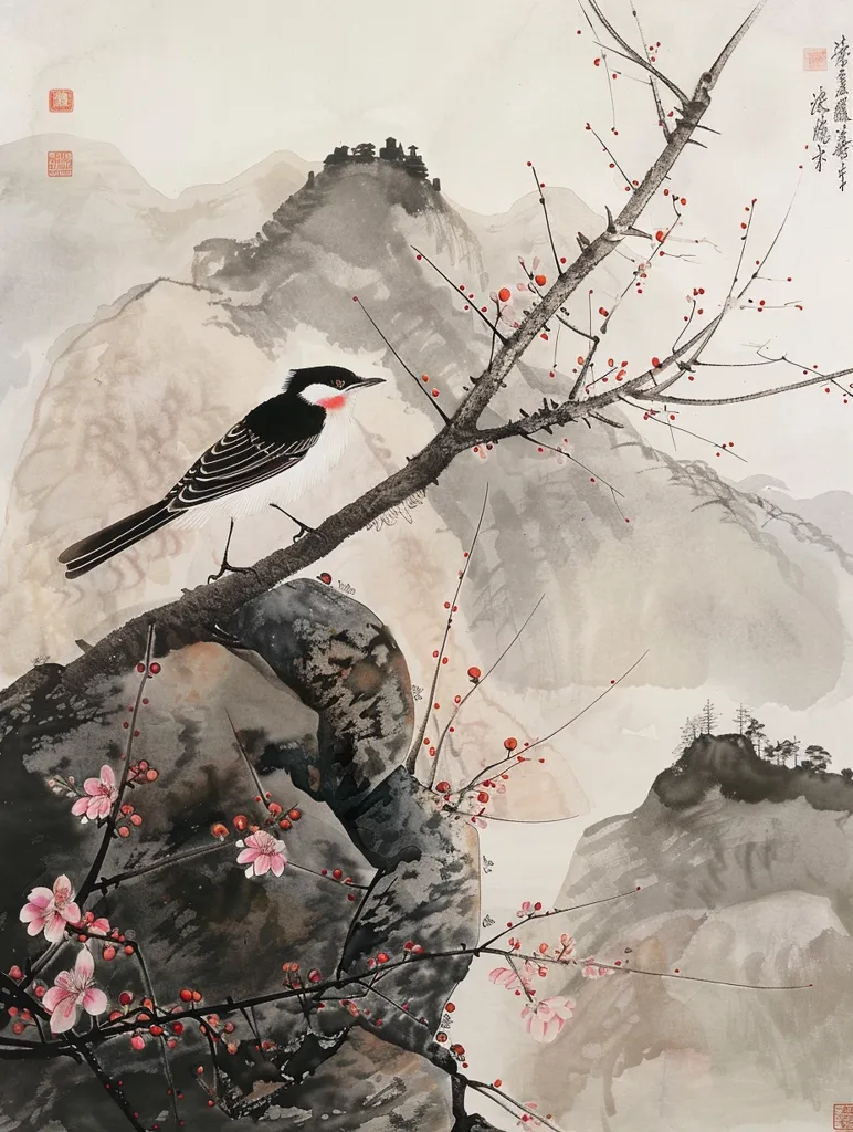 The image is a Chinese painting of a bird on a branch. The bird is black with a white belly and a red patch on its head. It is perched on a branch of a tree that is covered in pink and white blossoms. The background of the painting is a mountain landscape with two large mountains in the distance. The painting is done in a realistic style and the artist has used a variety of brushstrokes to create the different textures of the bird, the flowers, and the mountains.